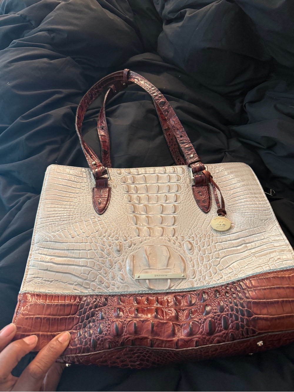 AUTHENTIC Brahmin Two-Tone Croc-Embossed Tote in Cream and Brown